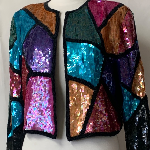 Vintage 80s/90s SCARLET RAGE Sequin Cropped Jacket Size M Multicolour SILK - Picture 11 of 12